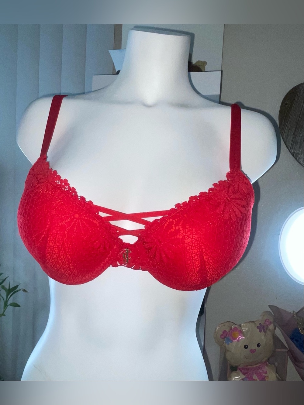 Juicy Couture Red Lace Crisscross Push-Up Bra